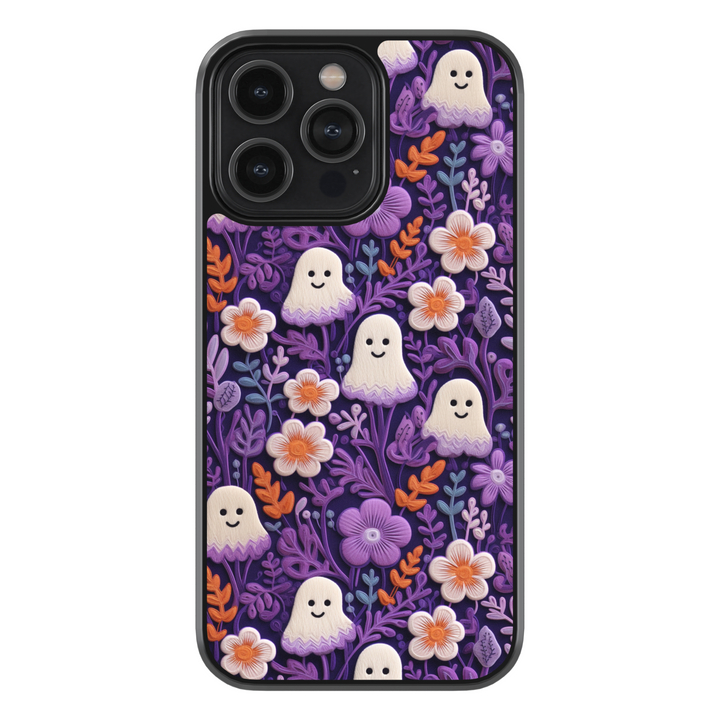 Pastel floral ghost phone case with cute kawaii ghost design and colorful flowers – girly Halloween aesthetic cover for iPhone and Samsung.