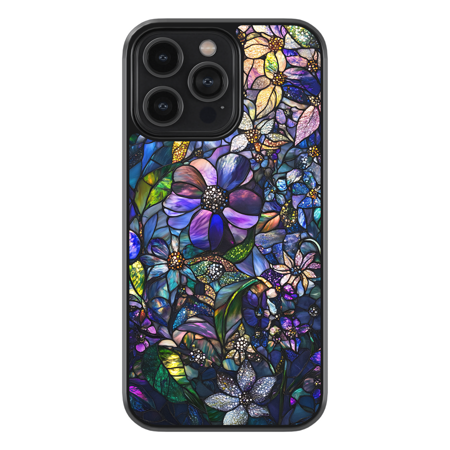 Stained glass iPhone case with fall leaves, pumpkins, fox, and acorns, autumn foliage design, warm orange and brown colors, protective phone cover for iPhone 15, 14, 13, 12, Pro, Pro Max