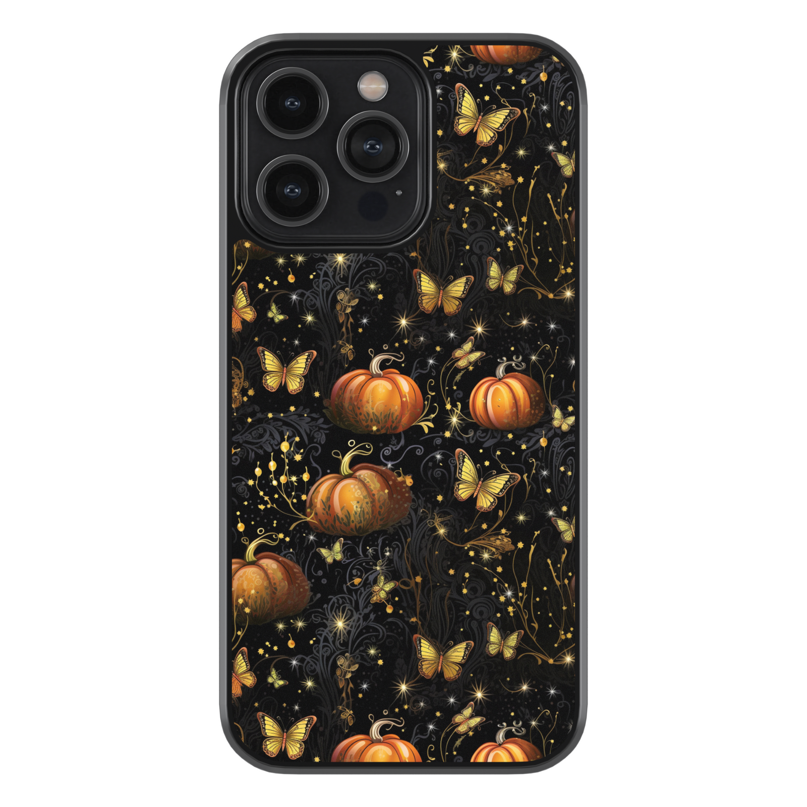 Halloween phone case with glowing golden butterflies, orange pumpkins, and sparkling details on a black background, aesthetic fall iPhone cover