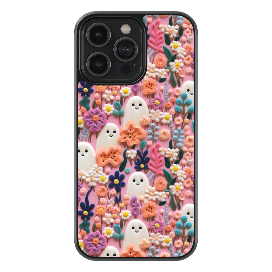Pastel floral ghost phone case with cute kawaii ghost design and colorful flowers – girly Halloween aesthetic cover for iPhone and Samsung