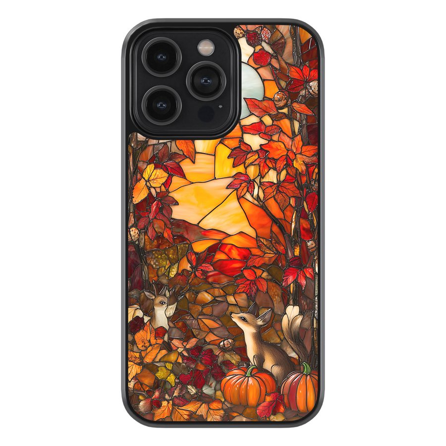 Stained glass iPhone case with fall leaves, pumpkins, fox, and acorns, autumn foliage design, warm orange and brown colors, protective phone cover for iPhone 15, 14, 13, 12, Pro, Pro Max