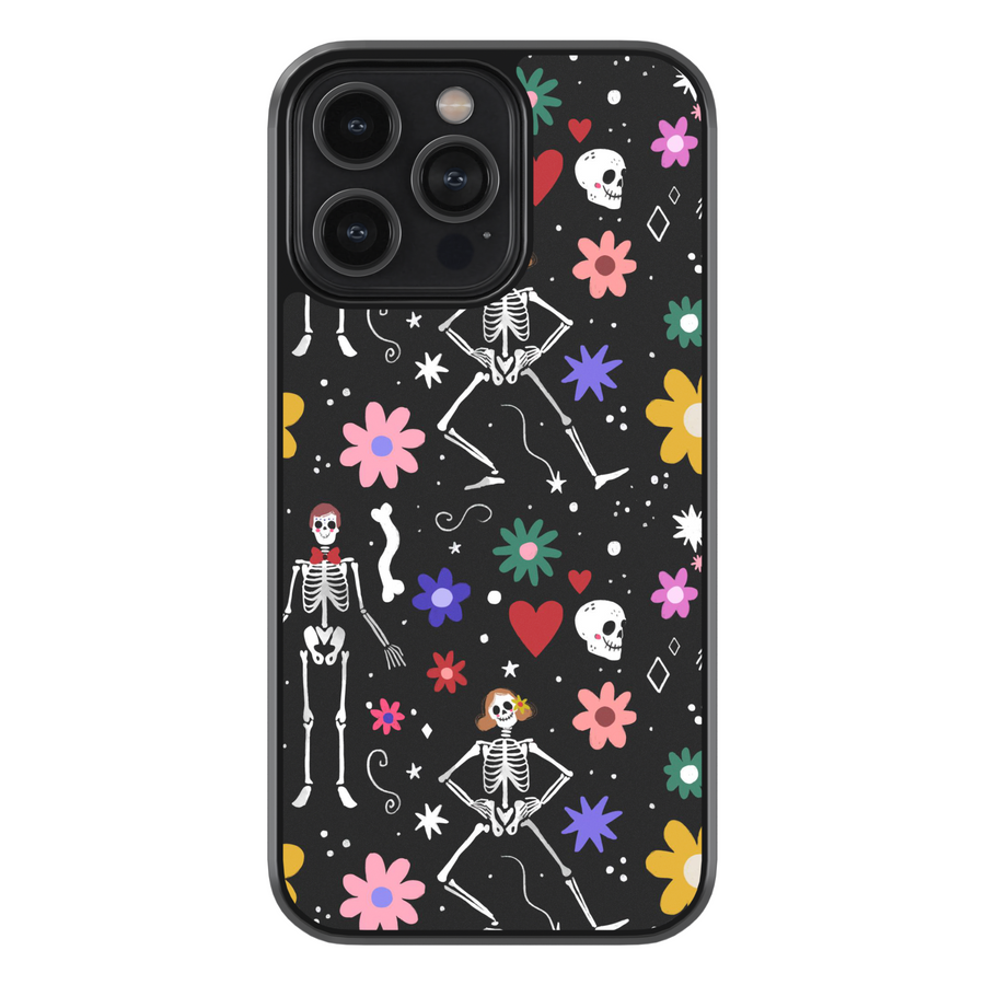 Black iPhone case with colorful skeletons, flowers, and hearts – cute Halloween girly aesthetic phone cover