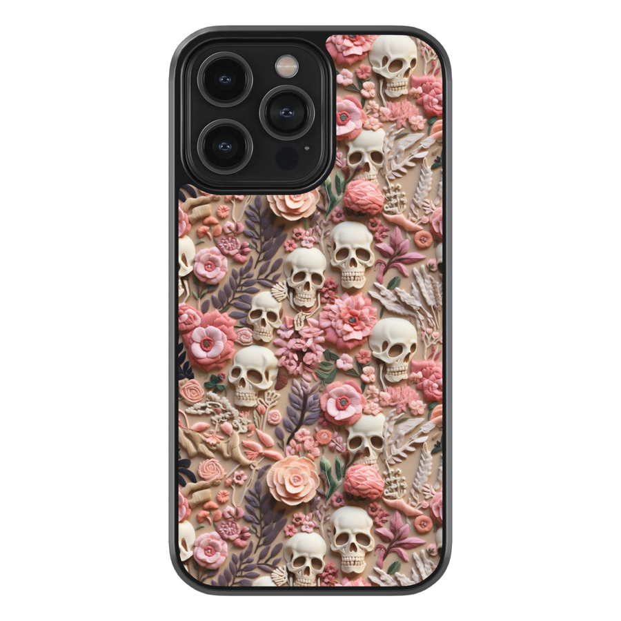 Floral skull iPhone case with gothic pink flowers and creepy cute Halloween design, protective shockproof phone cover