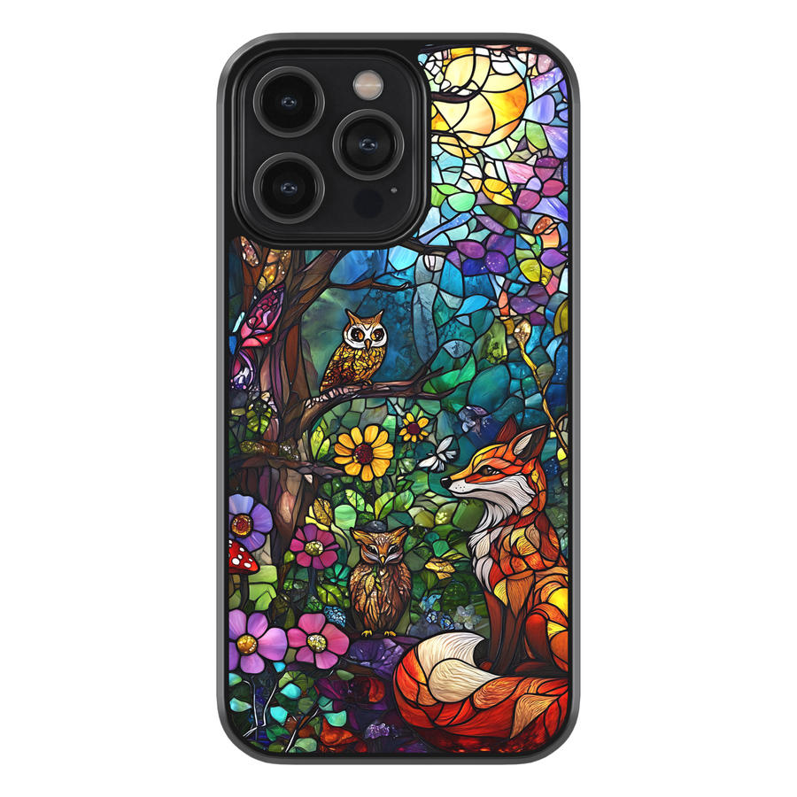 Stained glass iPhone case with fall leaves, pumpkins, fox, and acorns, autumn foliage design, warm orange and brown colors, protective phone cover for iPhone 15, 14, 13, 12, Pro, Pro Max