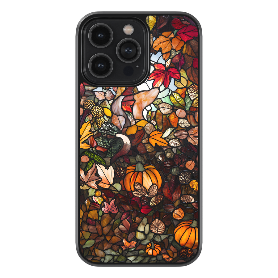 Stained glass iPhone case with fall leaves, pumpkins, fox, and acorns, autumn foliage design, warm orange and brown colors, protective phone cover for iPhone 15, 14, 13, 12, Pro, Pro Max