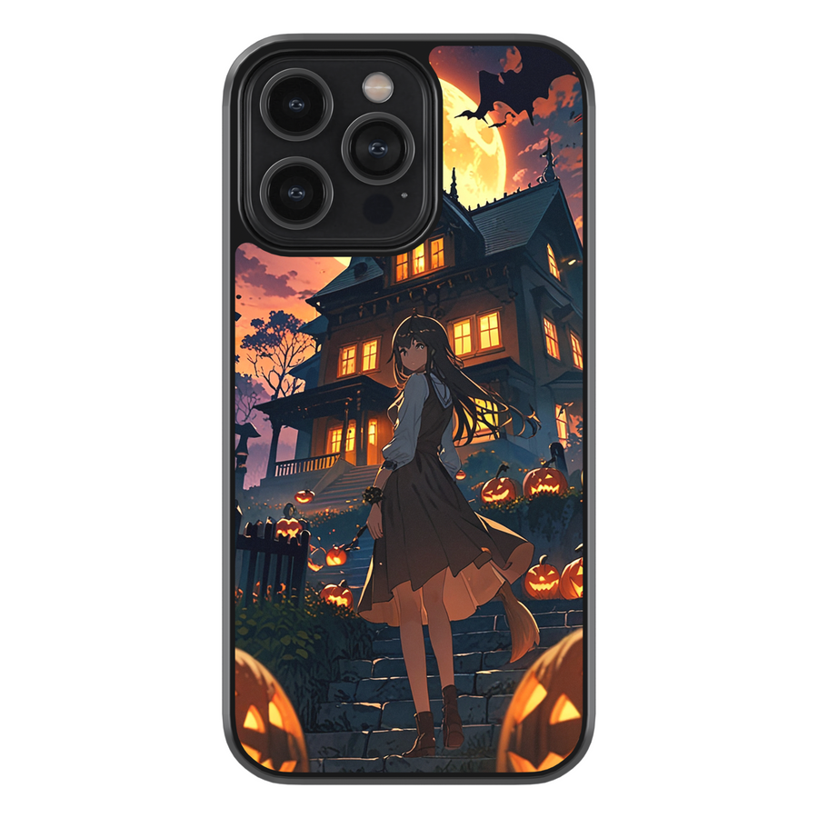 Halloween anime phone case with witch girl, haunted house, glowing pumpkins, bats, and full moon night sky.