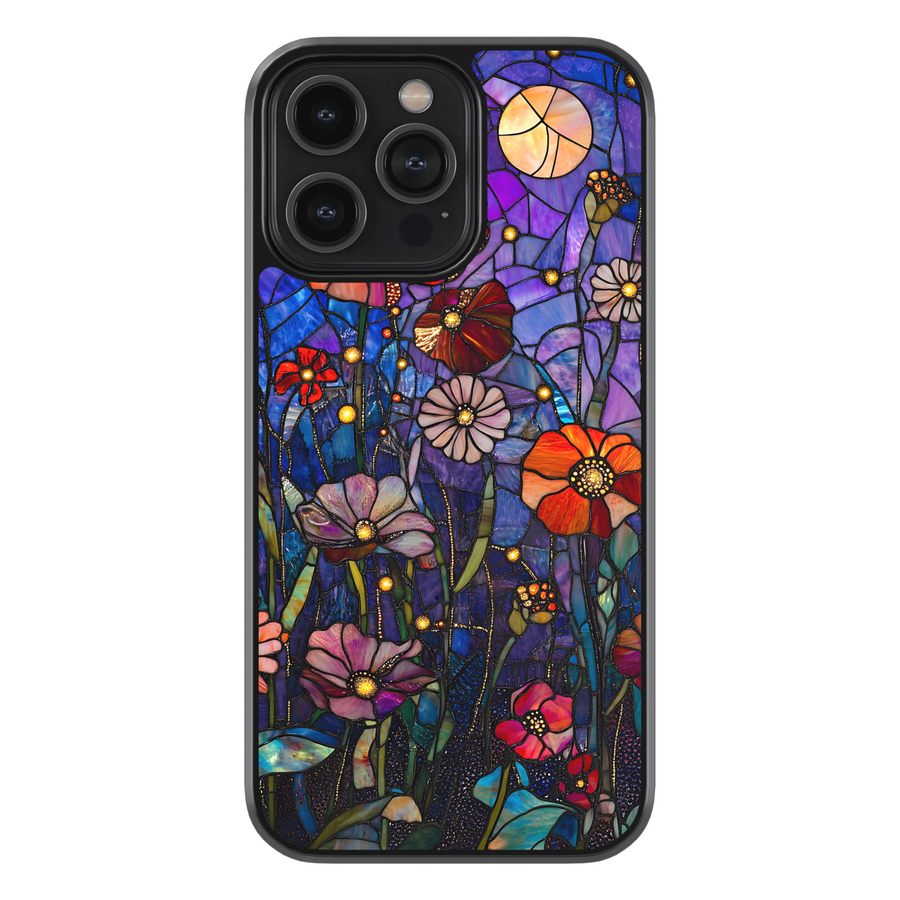 iPhone case with stained glass floral butterfly design, featuring colorful flowers and vibrant nature-inspired pattern for stylish protection.