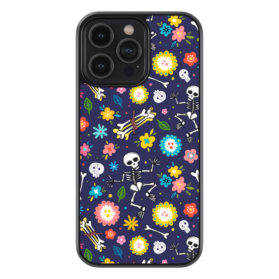 Skeleton floral Halloween phone case with colorful flowers, skulls, and bones on dark navy background – protective iPhone and Samsung cover
