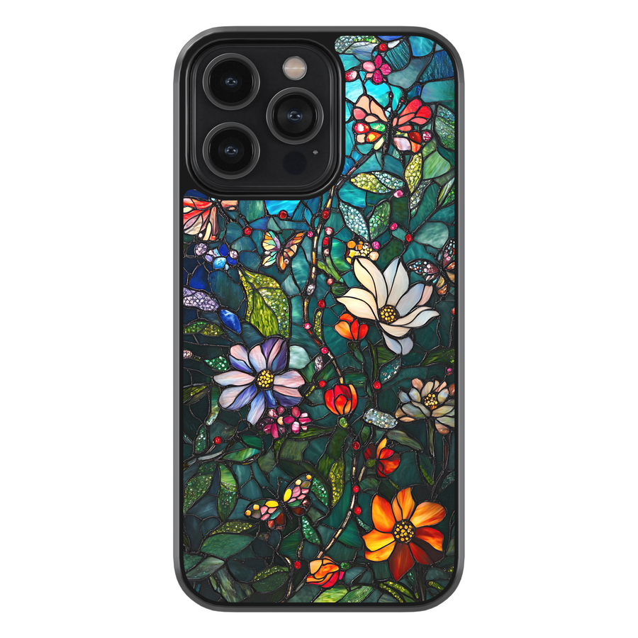 iPhone case with stained glass floral butterfly design, featuring colorful flowers and vibrant nature-inspired pattern for stylish protection.