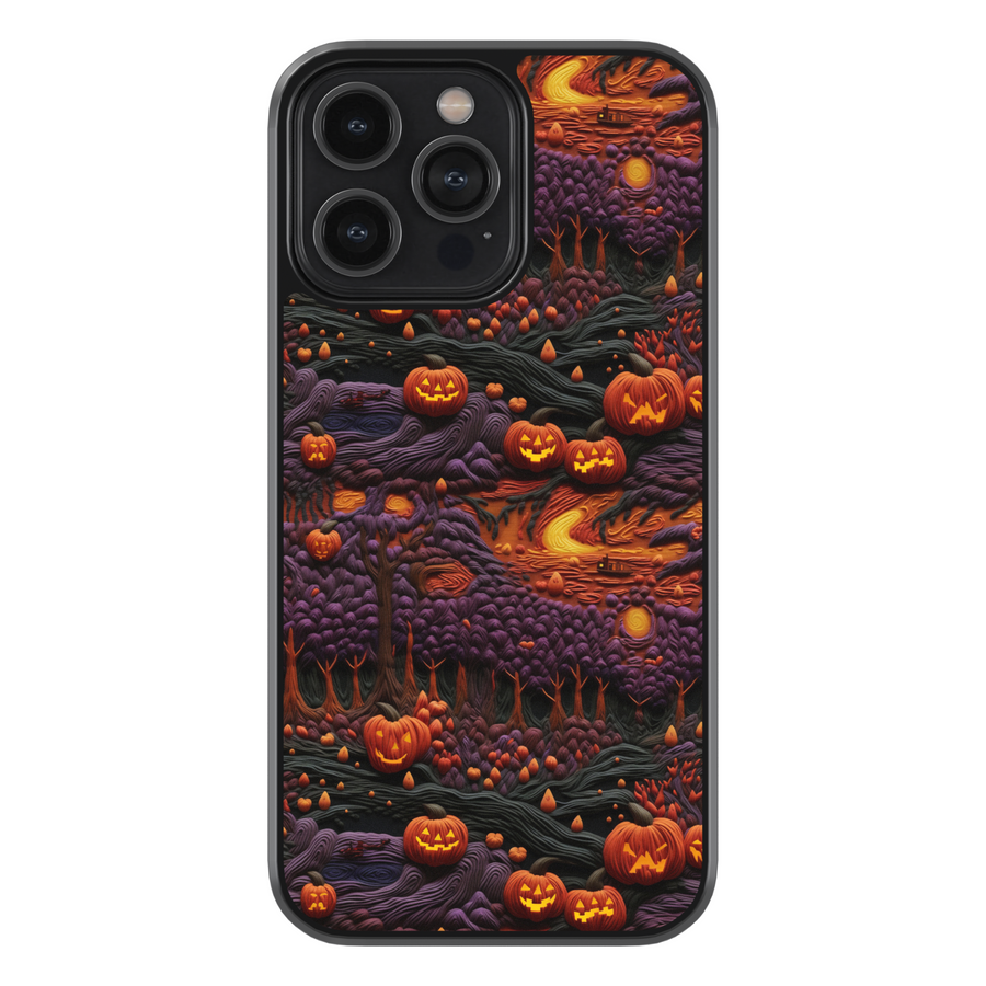 Halloween iPhone case with glowing pumpkins, jack-o’-lantern forest design, spooky purple trees, haunted night sky, protective phone cover for iPhone, aesthetic fall and Halloween accessory.