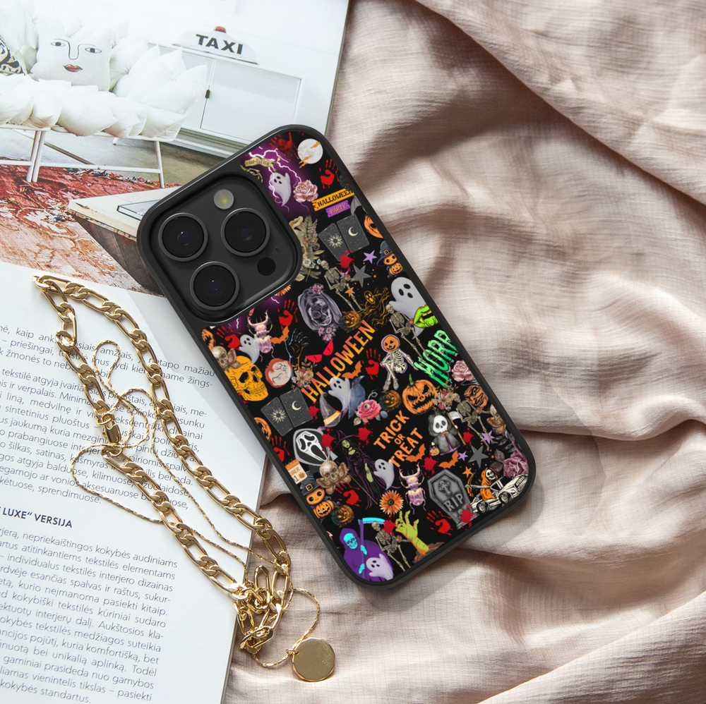 Halloween collage phone case with ghosts, pumpkins, skeletons, bats, roses, spider webs, and spooky sticker-style icons on a black background.