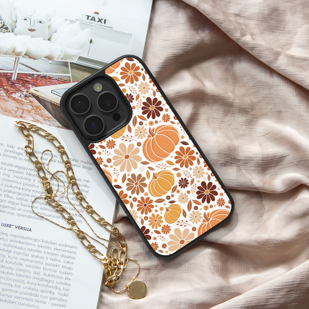 iPhone case with fall pumpkin floral pattern in warm autumn colors – Harvest Bloom protective phone cover