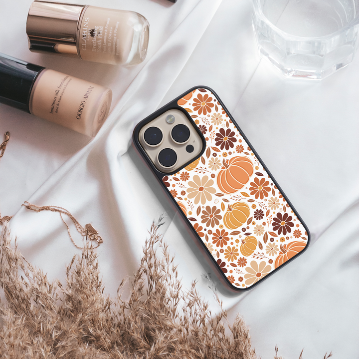 iPhone case with fall pumpkin floral pattern in warm autumn colors – Harvest Bloom protective phone cover