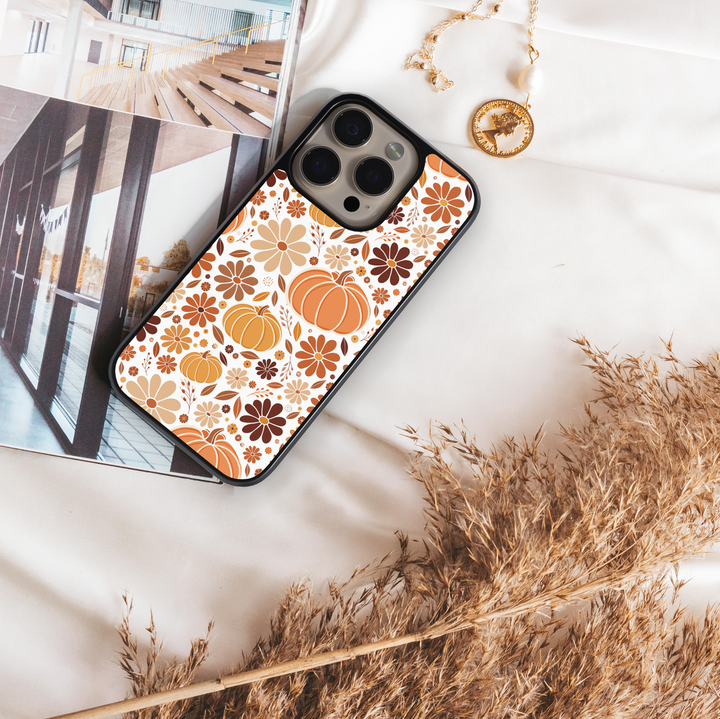 iPhone case with fall pumpkin floral pattern in warm autumn colors – Harvest Bloom protective phone cover