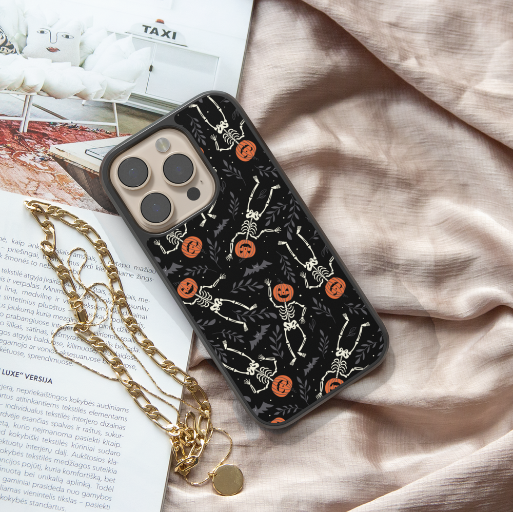 Pumpkin Skeleton iPhone Case, Halloween iPhone cover with spooky skeletons and pumpkin heads, cute gothic phone case with black background, protective fall phone case, stylish skeleton iPhone cover