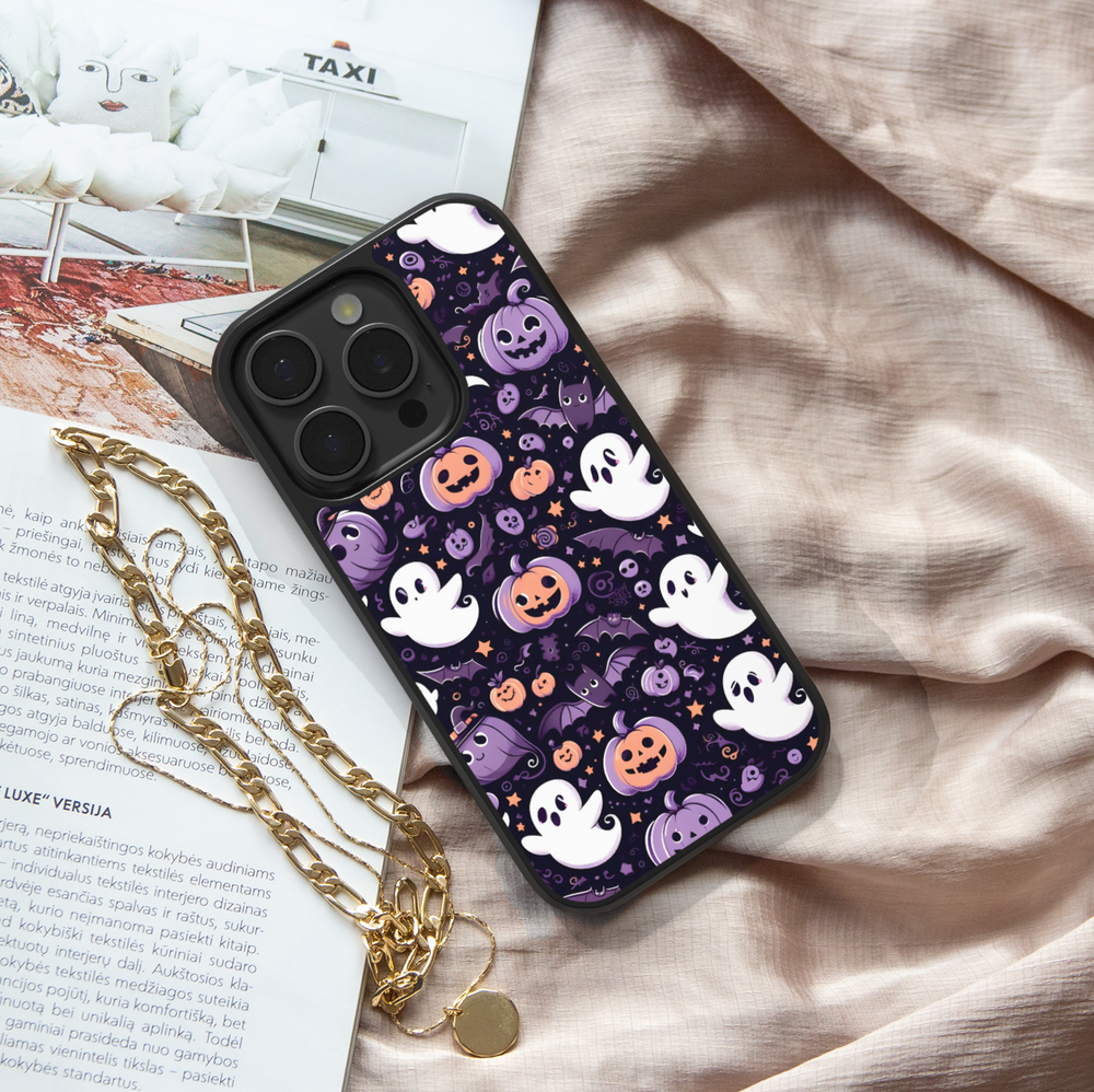 Halloween haunted house phone case with glowing pumpkins, ghosts, bats, and colorful night sky – spooky protective iPhone and Samsung Galaxy cover for Halloween aesthetic