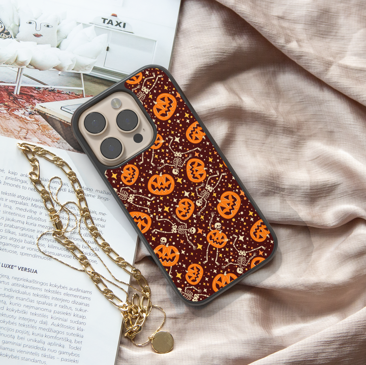 Halloween pumpkin skeleton iPhone case, spooky fall phone cover with jack-o’-lanterns, dancing skeletons, stars, tough protective case for iPhone 16, iPhone 15, iPhone 14, iPhone 13, iPhone 12, SE