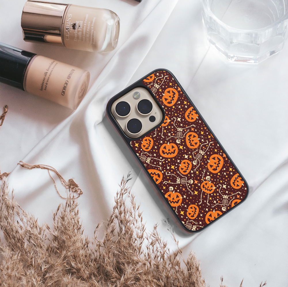 Halloween pumpkin skeleton iPhone case, spooky fall phone cover with jack-o’-lanterns, dancing skeletons, stars, tough protective case for iPhone 16, iPhone 15, iPhone 14, iPhone 13, iPhone 12, SE