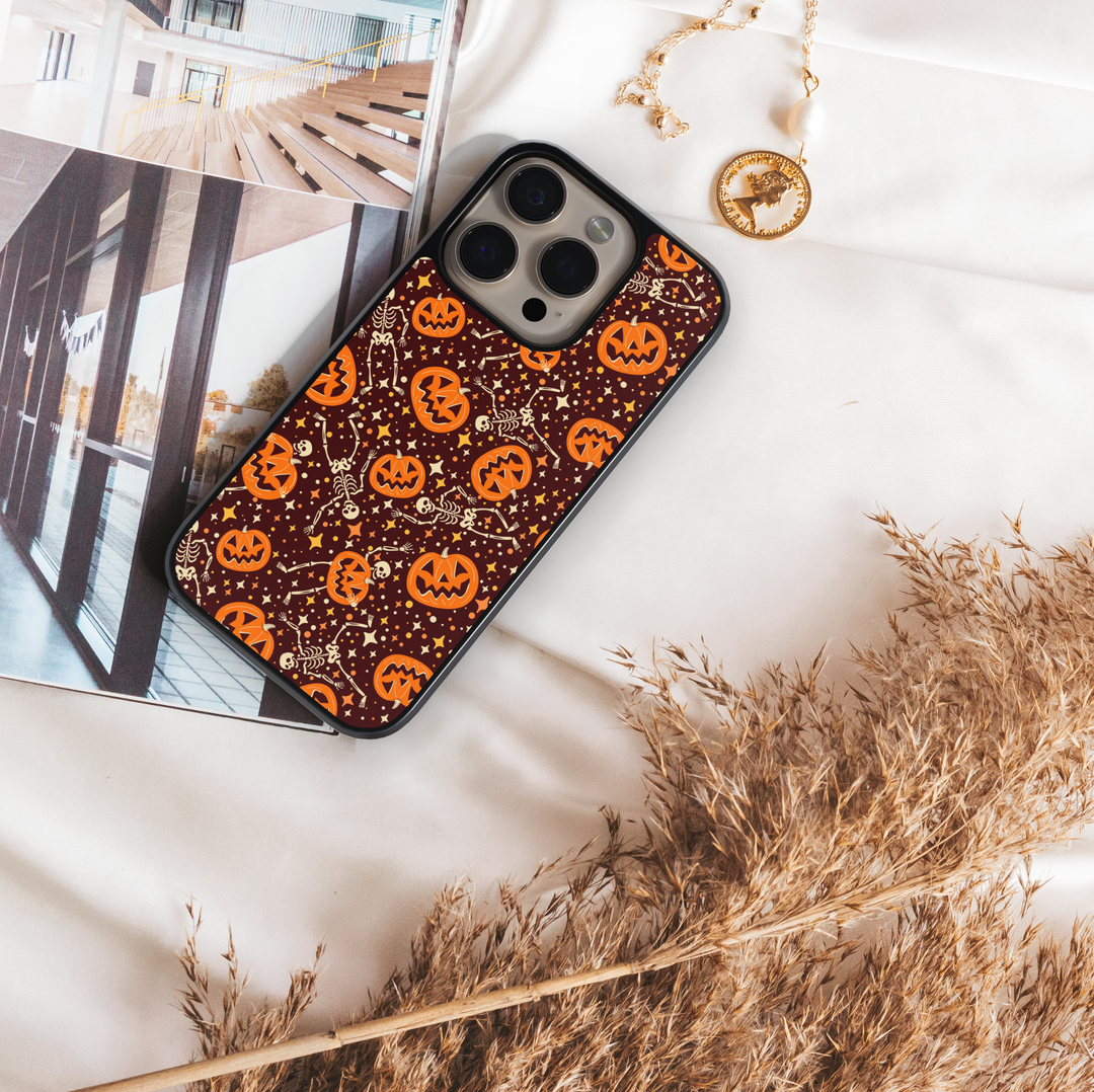 Halloween pumpkin skeleton iPhone case, spooky fall phone cover with jack-o’-lanterns, dancing skeletons, stars, tough protective case for iPhone 16, iPhone 15, iPhone 14, iPhone 13, iPhone 12, SE
