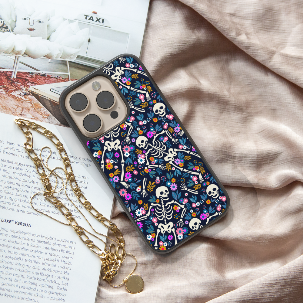 Skeleton floral iPhone case with skulls and colorful flowers, cute gothic phone cover, aesthetic Halloween iPhone 16 15 14 13 12 case