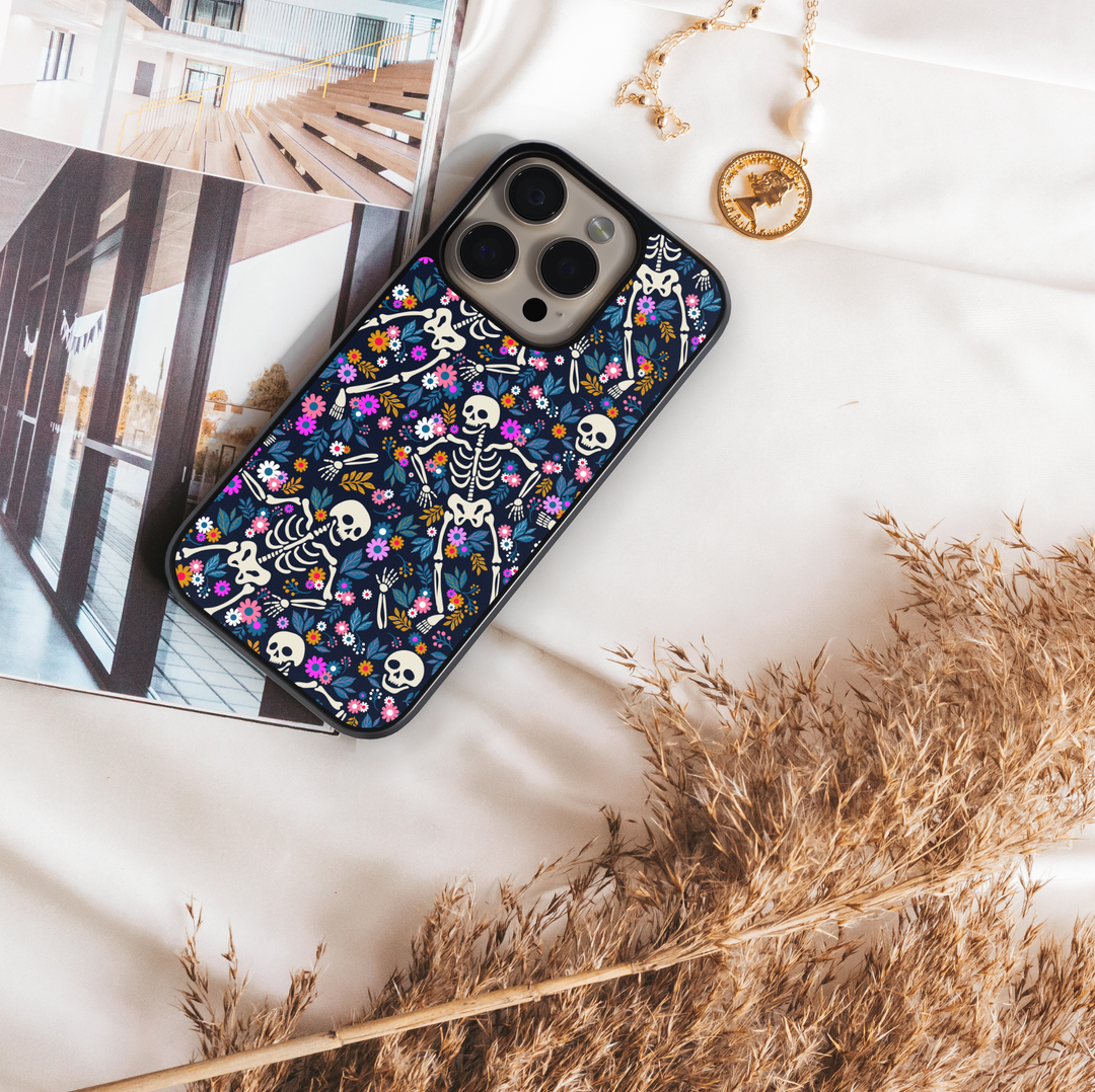 Skeleton floral iPhone case with skulls and colorful flowers, cute gothic phone cover, aesthetic Halloween iPhone 16 15 14 13 12 case