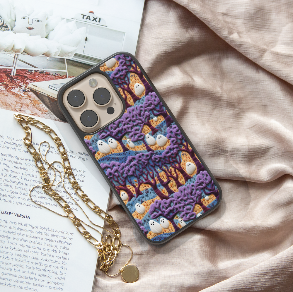 Cute ghost Halloween iPhone case with purple haunted forest design, spooky trees, whimsical ghosts, aesthetic Halloween phone cover, protective iPhone case for women and girls