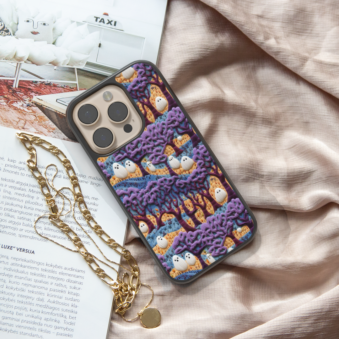 Cute ghost Halloween iPhone case with purple haunted forest design, spooky trees, whimsical ghosts, aesthetic Halloween phone cover, protective iPhone case for women and girls