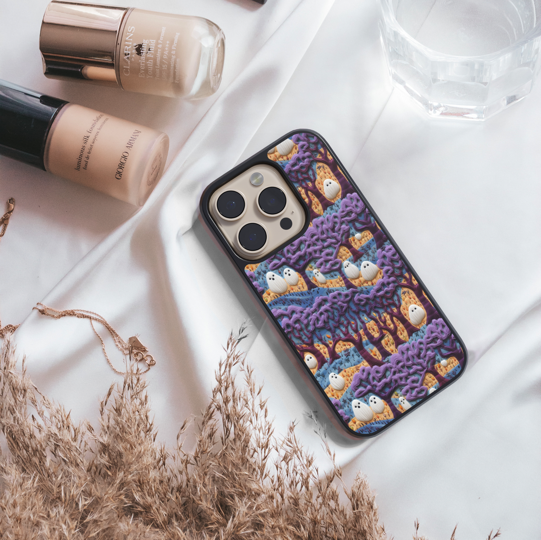 Cute ghost Halloween iPhone case with purple haunted forest design, spooky trees, whimsical ghosts, aesthetic Halloween phone cover, protective iPhone case for women and girls