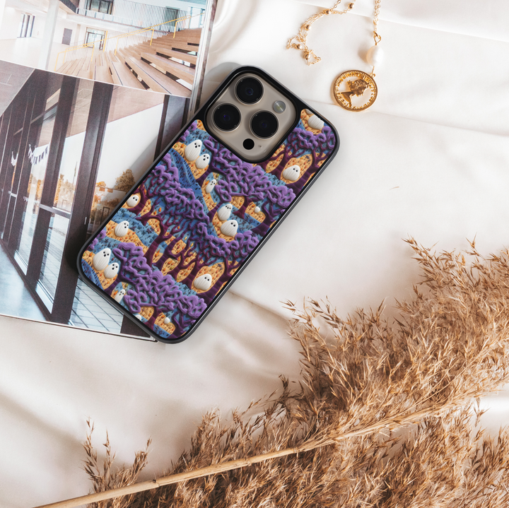 Cute ghost Halloween iPhone case with purple haunted forest design, spooky trees, whimsical ghosts, aesthetic Halloween phone cover, protective iPhone case for women and girls