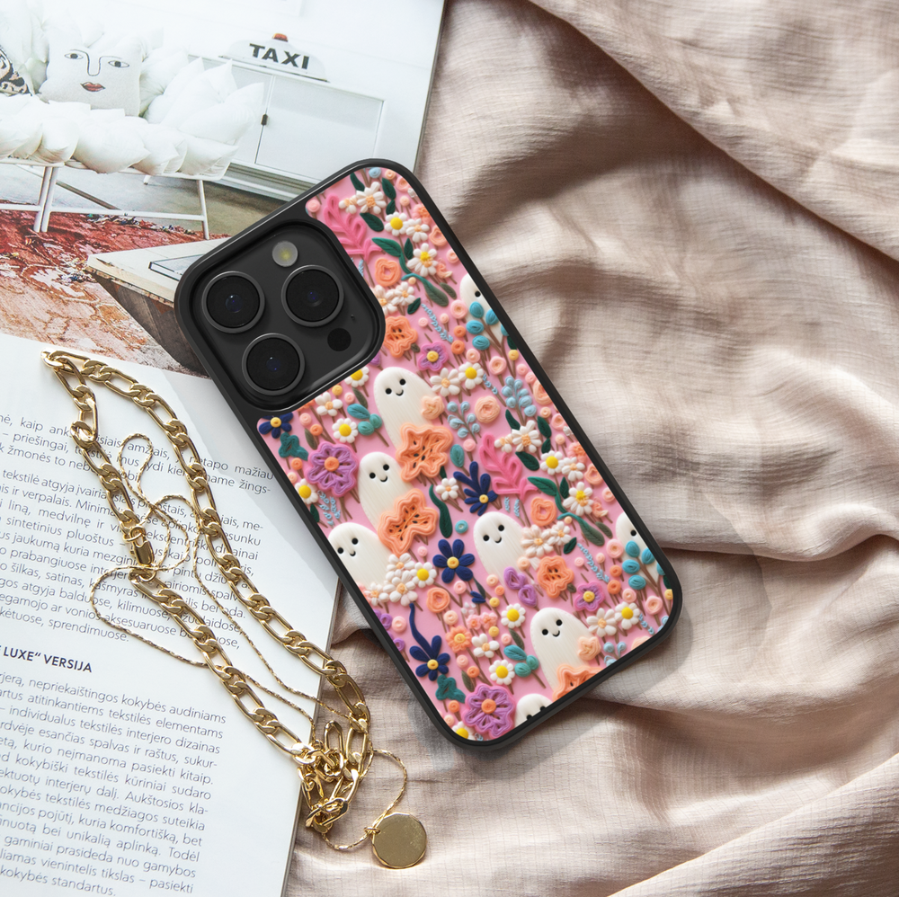 Pastel floral ghost phone case with cute kawaii ghost design and colorful flowers – girly Halloween aesthetic cover for iPhone and Samsung