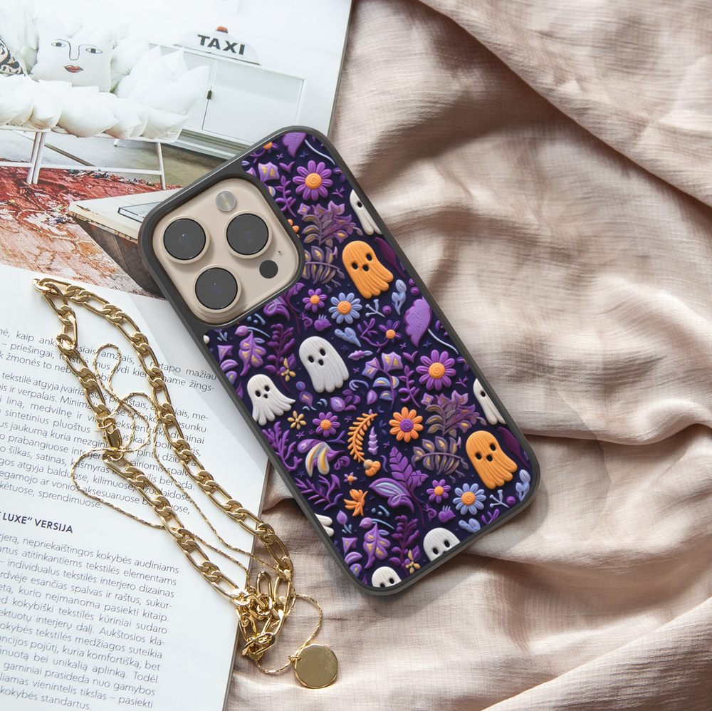 Floral skull iPhone case with gothic pink flowers and creepy cute Halloween design, protective shockproof phone cover