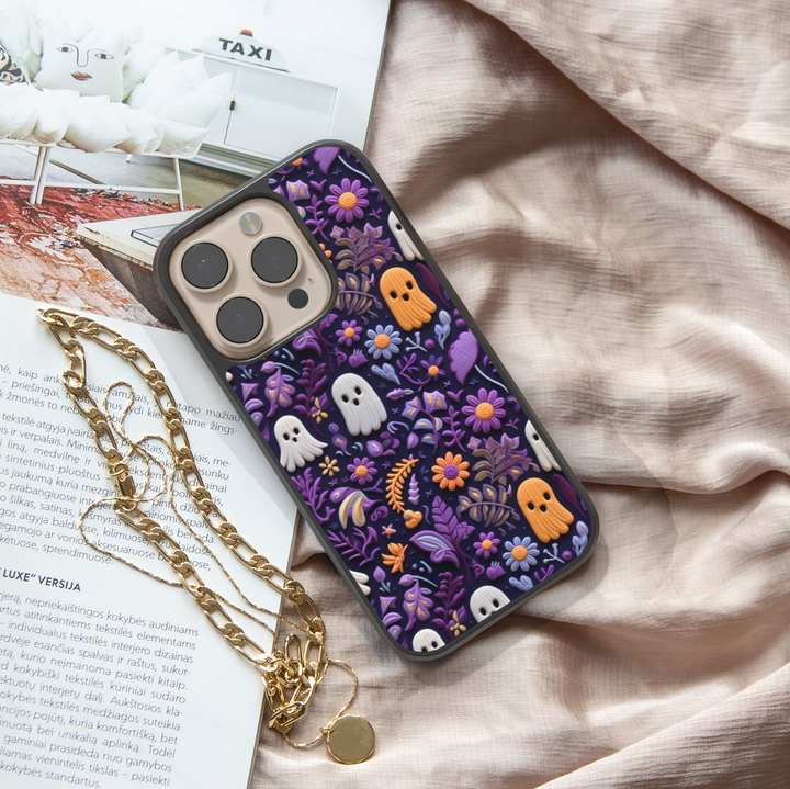 Floral skull iPhone case with gothic pink flowers and creepy cute Halloween design, protective shockproof phone cover