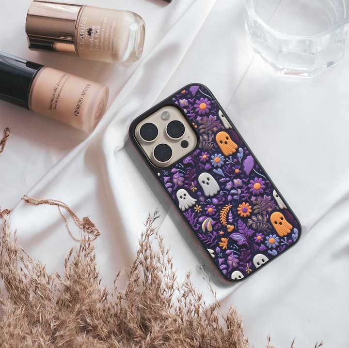 Floral skull iPhone case with gothic pink flowers and creepy cute Halloween design, protective shockproof phone cover