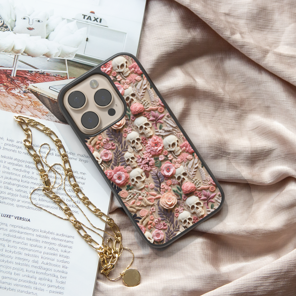Floral skull iPhone case with gothic pink flowers and creepy cute Halloween design, protective shockproof phone cover