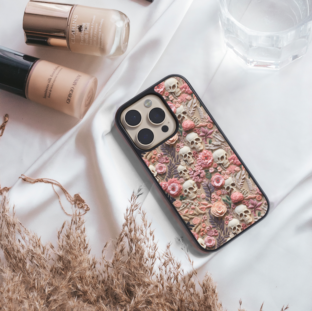 Floral skull iPhone case with gothic pink flowers and creepy cute Halloween design, protective shockproof phone cover