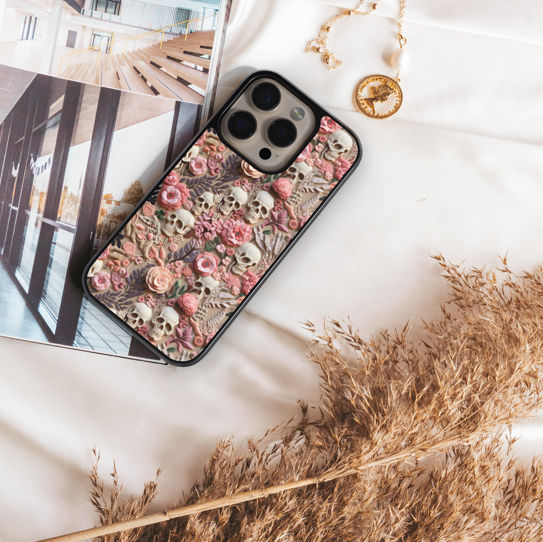 Floral skull iPhone case with gothic pink flowers and creepy cute Halloween design, protective shockproof phone cover
