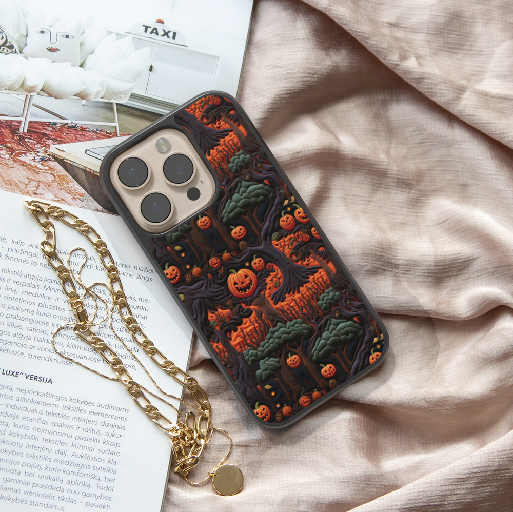 Pumpkin Skeleton iPhone Case, Halloween iPhone cover with spooky skeletons and pumpkin heads, cute gothic phone case with black background, protective fall phone case, stylish skeleton iPhone cover