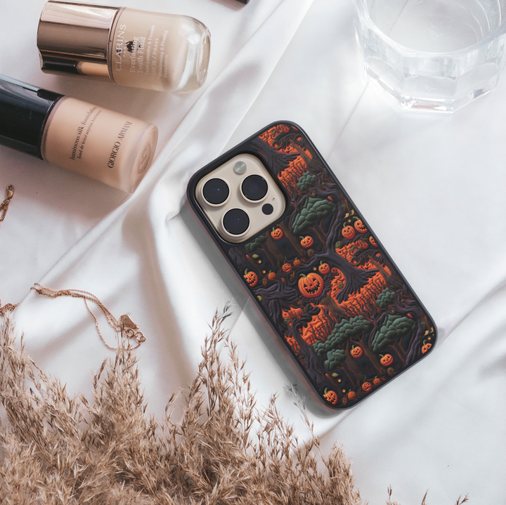 Pumpkin Skeleton iPhone Case, Halloween iPhone cover with spooky skeletons and pumpkin heads, cute gothic phone case with black background, protective fall phone case, stylish skeleton iPhone cover
