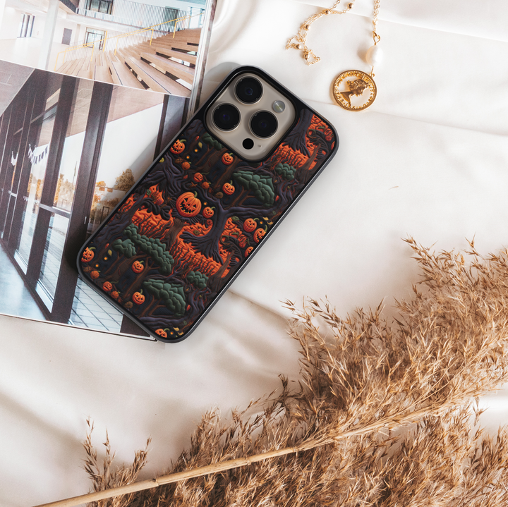 Pumpkin Skeleton iPhone Case, Halloween iPhone cover with spooky skeletons and pumpkin heads, cute gothic phone case with black background, protective fall phone case, stylish skeleton iPhone cover