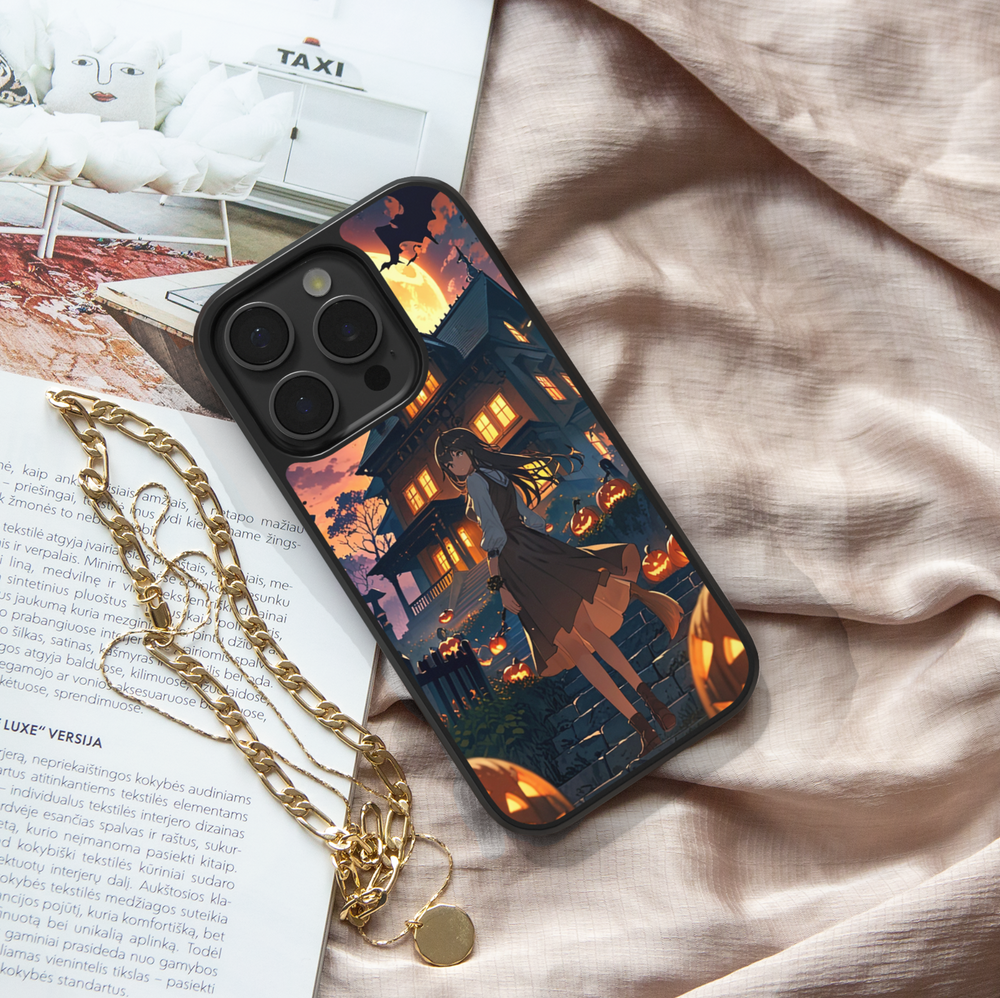Halloween anime phone case with witch girl, haunted house, glowing pumpkins, bats, and full moon night sky.