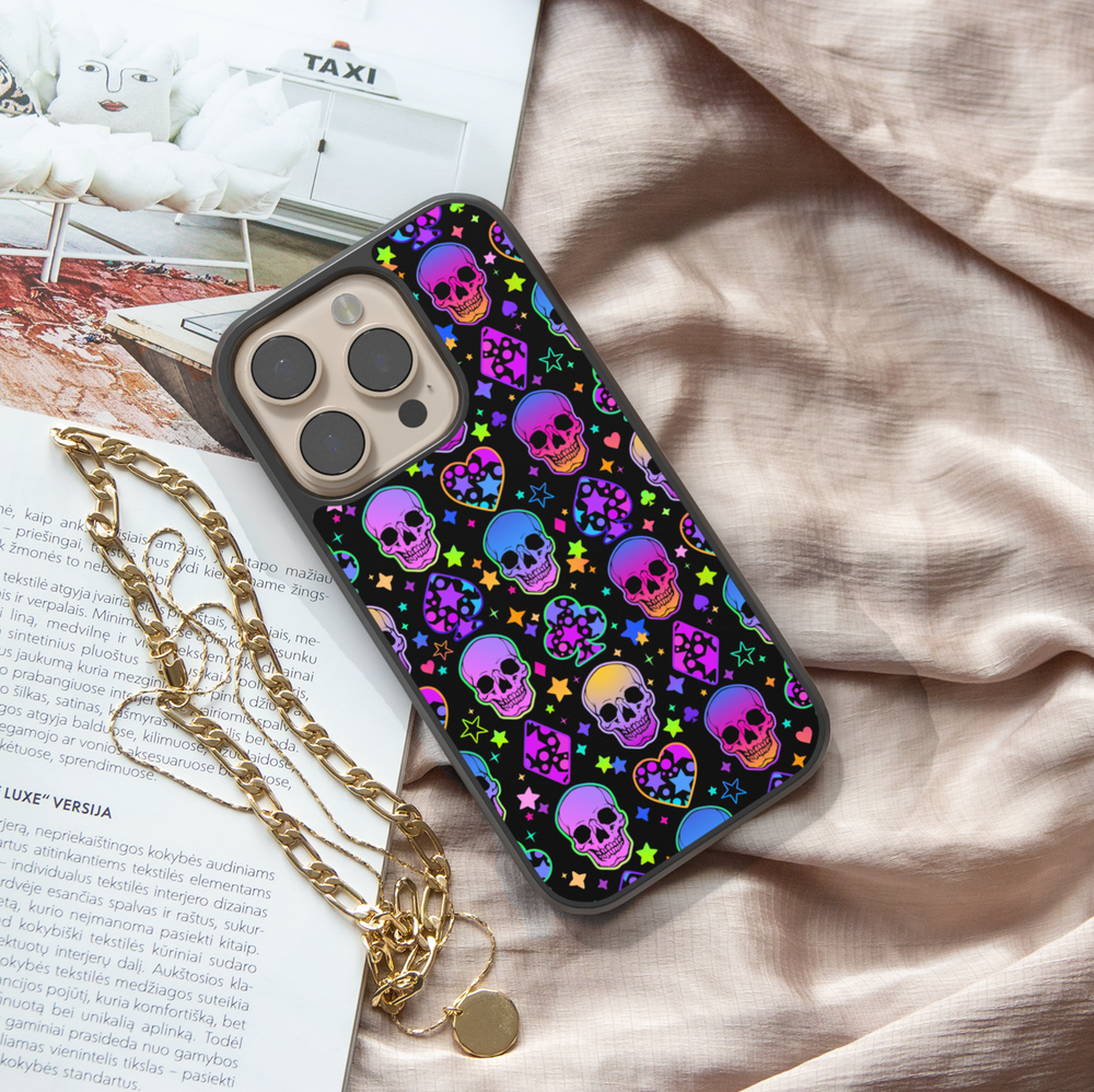 Halloween iPhone case with glowing pumpkins, jack-o’-lantern forest design, spooky purple trees, haunted night sky, protective phone cover for iPhone, aesthetic fall and Halloween accessory.