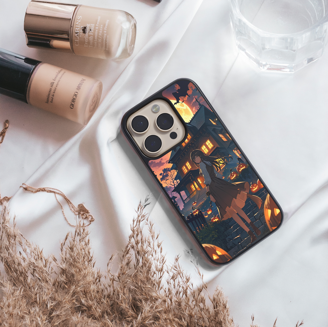 Halloween anime phone case with witch girl, haunted house, glowing pumpkins, bats, and full moon night sky.