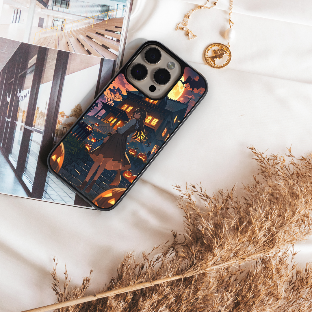 Halloween anime phone case with witch girl, haunted house, glowing pumpkins, bats, and full moon night sky.