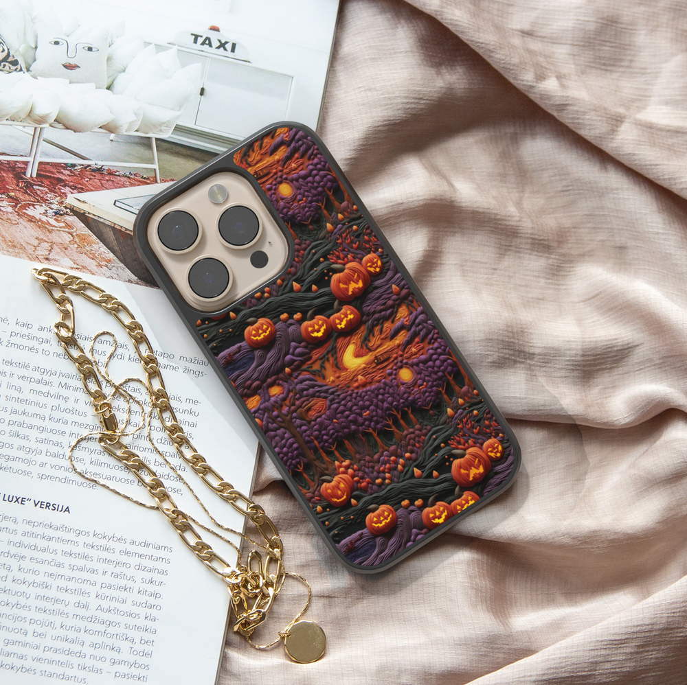 Halloween iPhone case with glowing pumpkins, jack-o’-lantern forest design, spooky purple trees, haunted night sky, protective phone cover for iPhone, aesthetic fall and Halloween accessory.