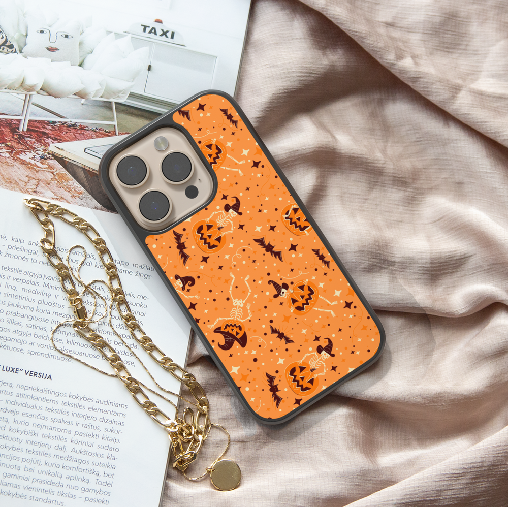 Orange pumpkin skeleton iPhone case with bats, witch hats, and Halloween stars – spooky cute protective phone cover for iPhone.