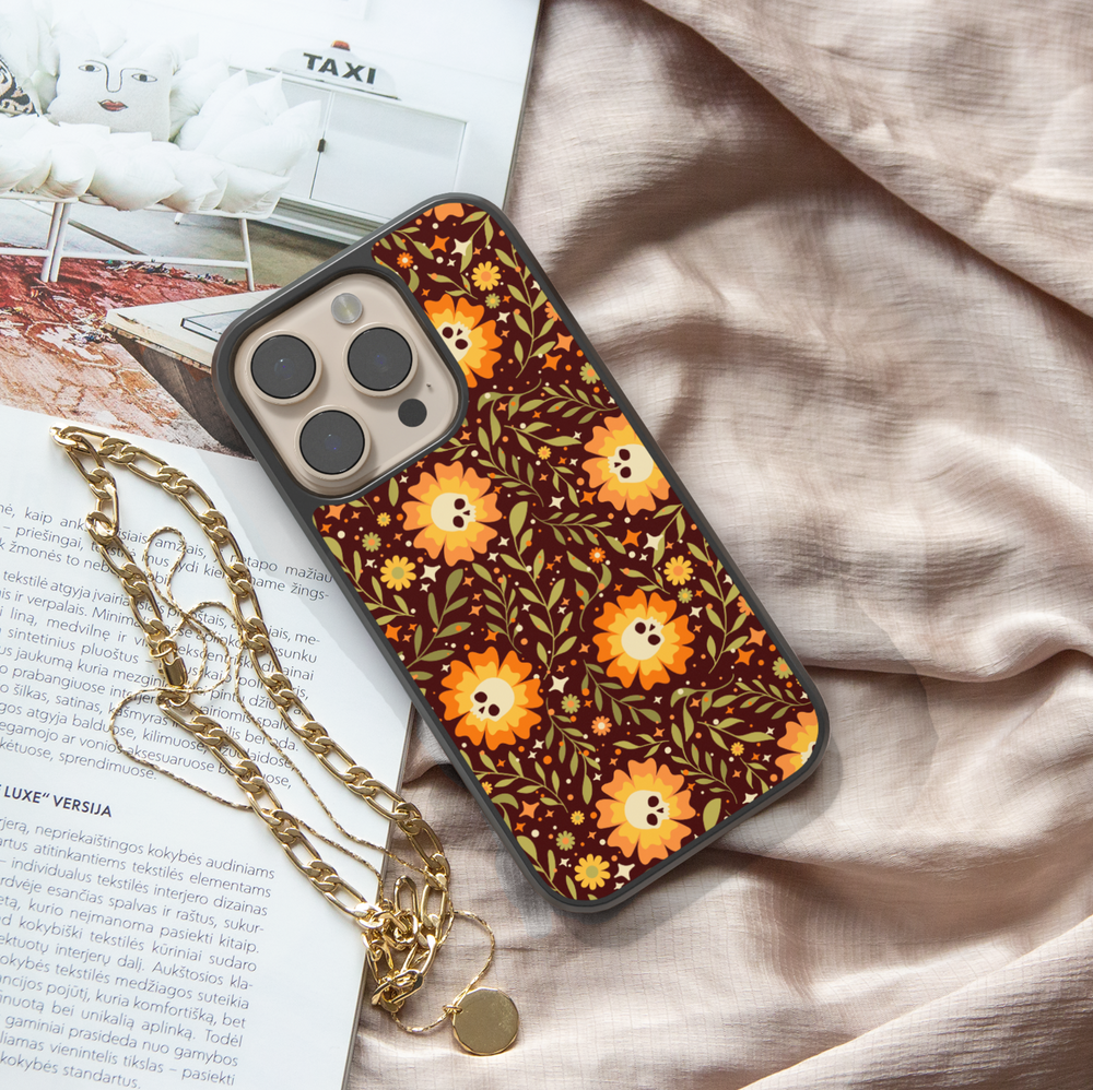 Fall floral iPhone case with autumn flowers pattern in orange, yellow, and brown colors – cute and aesthetic protective cover for iPhone models.