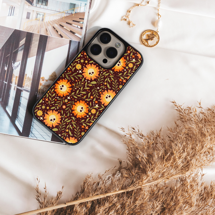 Fall floral iPhone case with autumn flowers pattern in orange, yellow, and brown colors – cute and aesthetic protective cover for iPhone models.