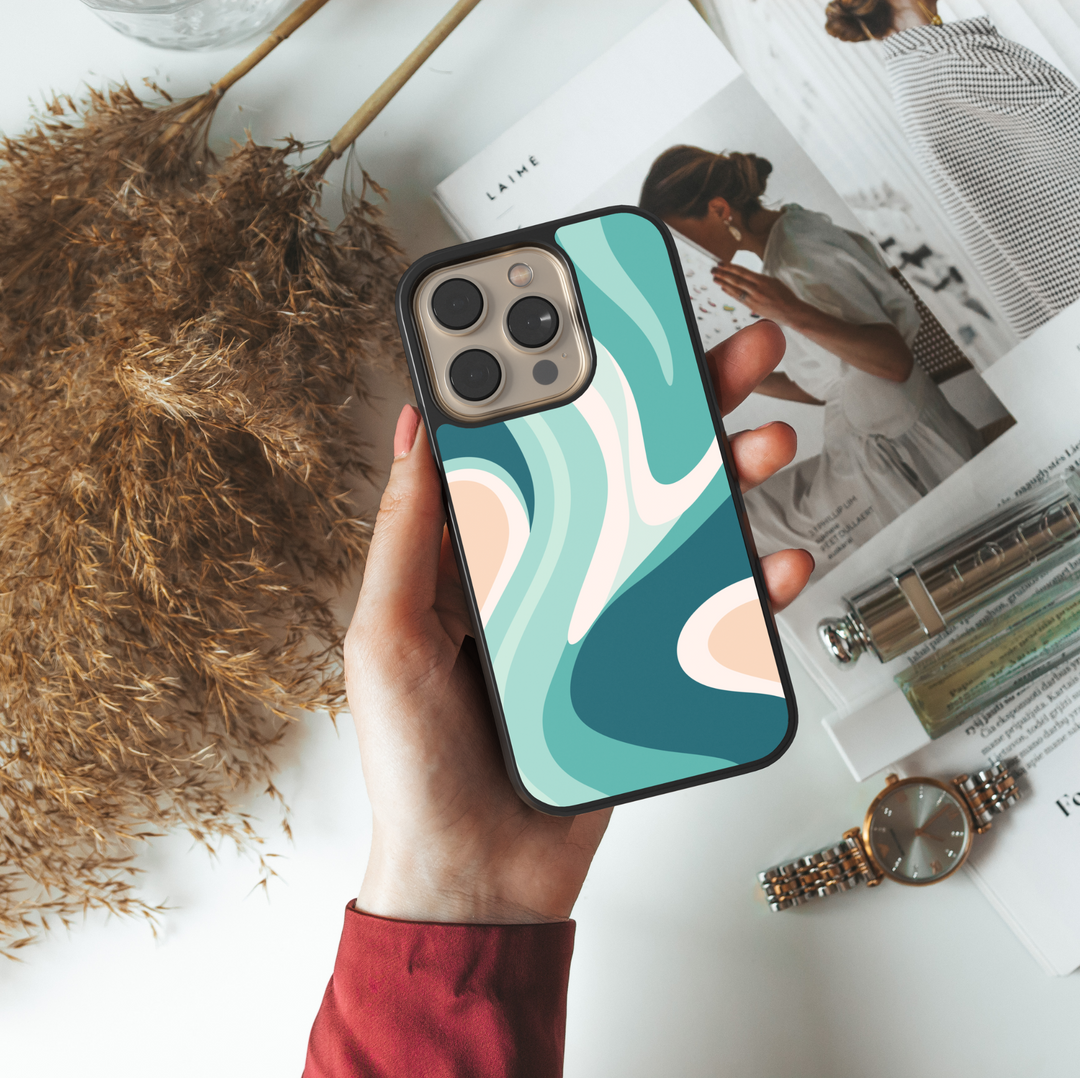 iPhone case with abstract wavy pattern in teal, aqua, cream, and peach tones
