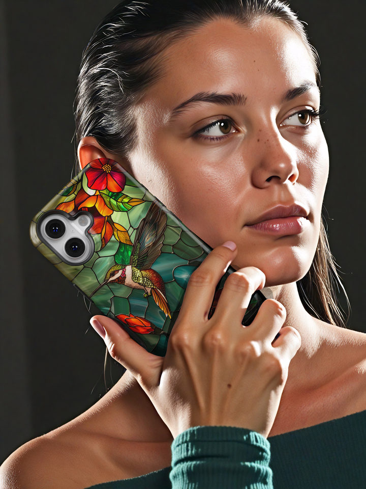 Verdyxa Noire emerald stained glass hummingbird iPhone case with red floral accents