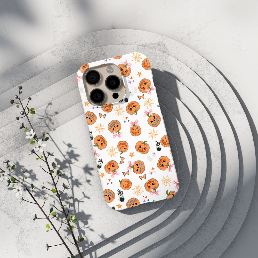 White Halloween iPhone Case with Pumpkins, Ghosts, and Pink Bows – MagSafe iPhone 16 Pro Max Case for Women
